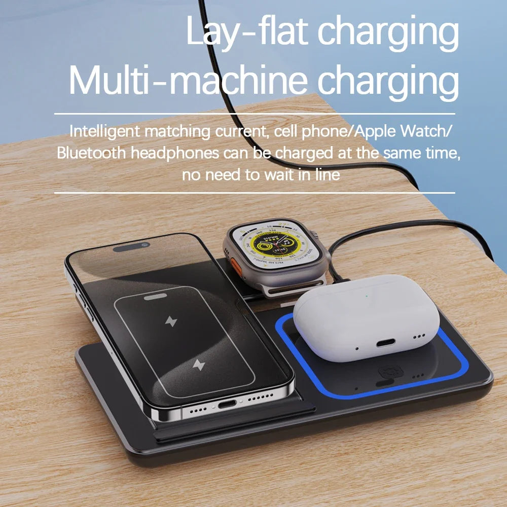 100W 3 in 1 Wireless Charger Stand Foldable Charging Station For iPhone 15 14 13 12 11 Apple Watch 9 8 7 6 5 Airpods Pro